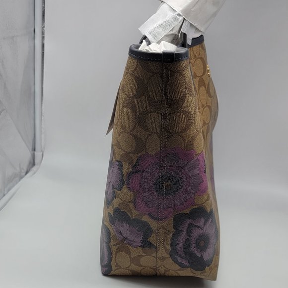 Coach City Tote in Signature Canvas with Kaffe Fassett Print 5697 Khaki Purple - Picture 3 of 8